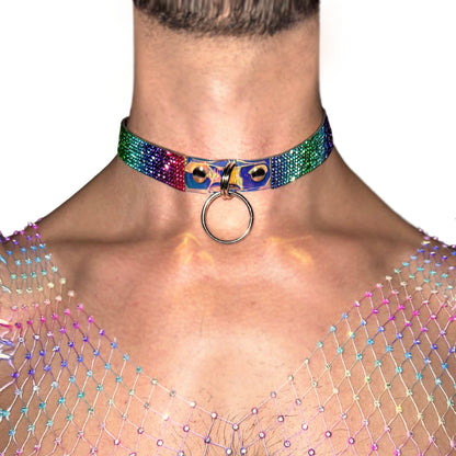 Holographic Rainbow Rhinestone Choker with Metal Rings