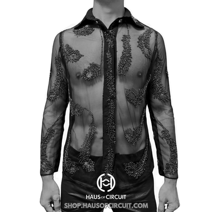Peacock Feather Embroidered Sheer Long Sleeves Shirt