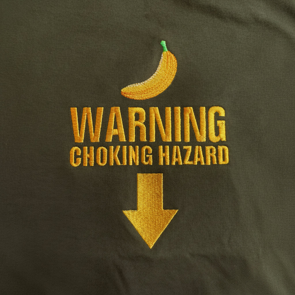 Close-up of embroidered text reading 'WARNING CHOKING HAZARD' in gold thread, with a small banana graphic above and a large downward arrow below, on a dark fabric background.