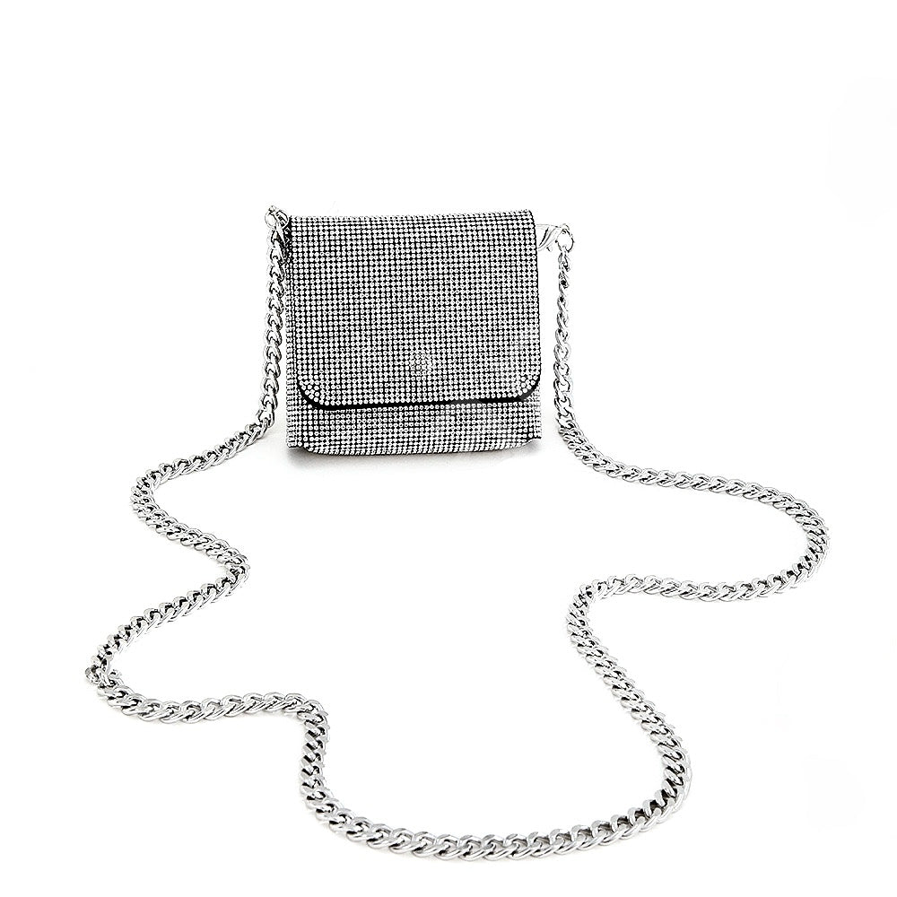 Faux Leather Rhinestone Crossbody Micro Bag with Chain Strap