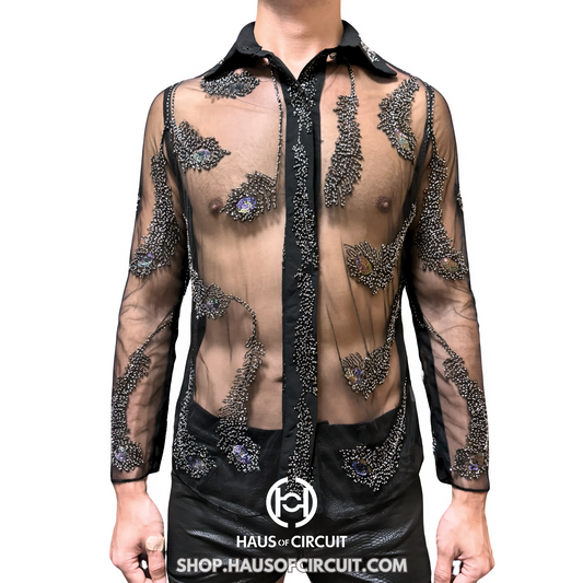 Peacock Feather Embroidered Sheer Long Sleeves Shirt