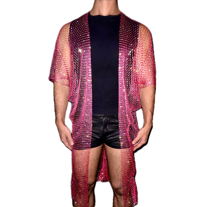 Neon Pink Rhinestone Mesh Kimono