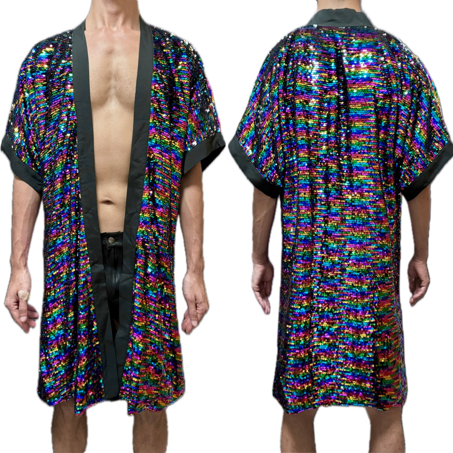 Dazzling Dreamscape: Rainbow Sequin Short Kimono