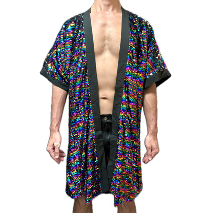 Dazzling Dreamscape: Rainbow Sequin Short Kimono