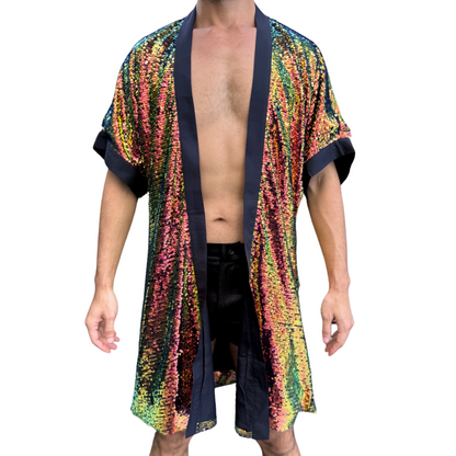 Iridescent Mermaid: Reversible Sequin Short Kimono