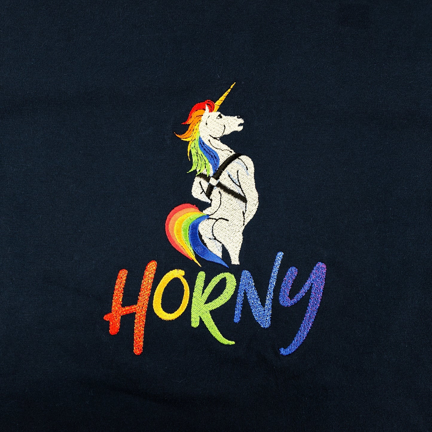 Black t-shirt with embroidered rainbow unicorn graphic and the word Horny