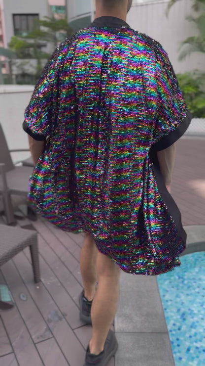 Dazzling Dreamscape: Rainbow Sequin Short Kimono