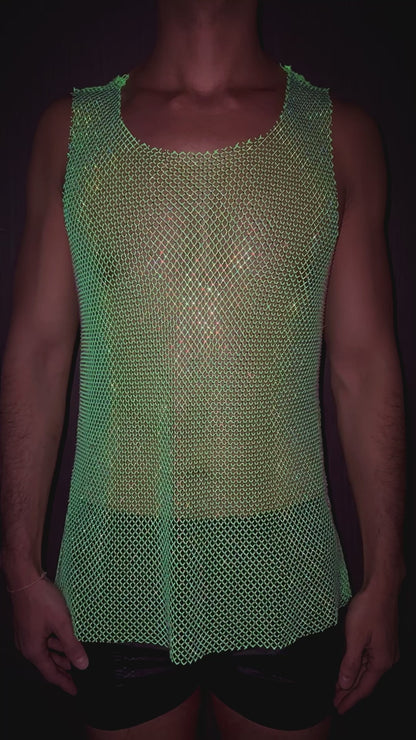 Neon Green Premium Rhinestone Deep Neck Raw Cut Mesh Tank Top [Crew Neck]