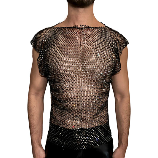 Diamond Cut Rhinestone Black Mesh Tank Top [Crew Neck]