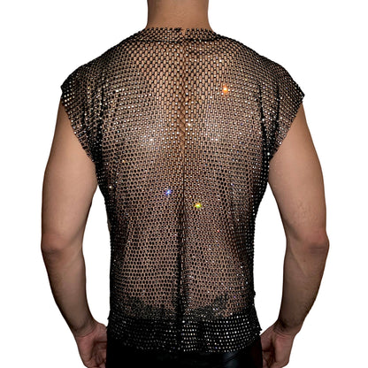 Diamond Cut Rhinestone Black Mesh Tank Top [Crew Neck]