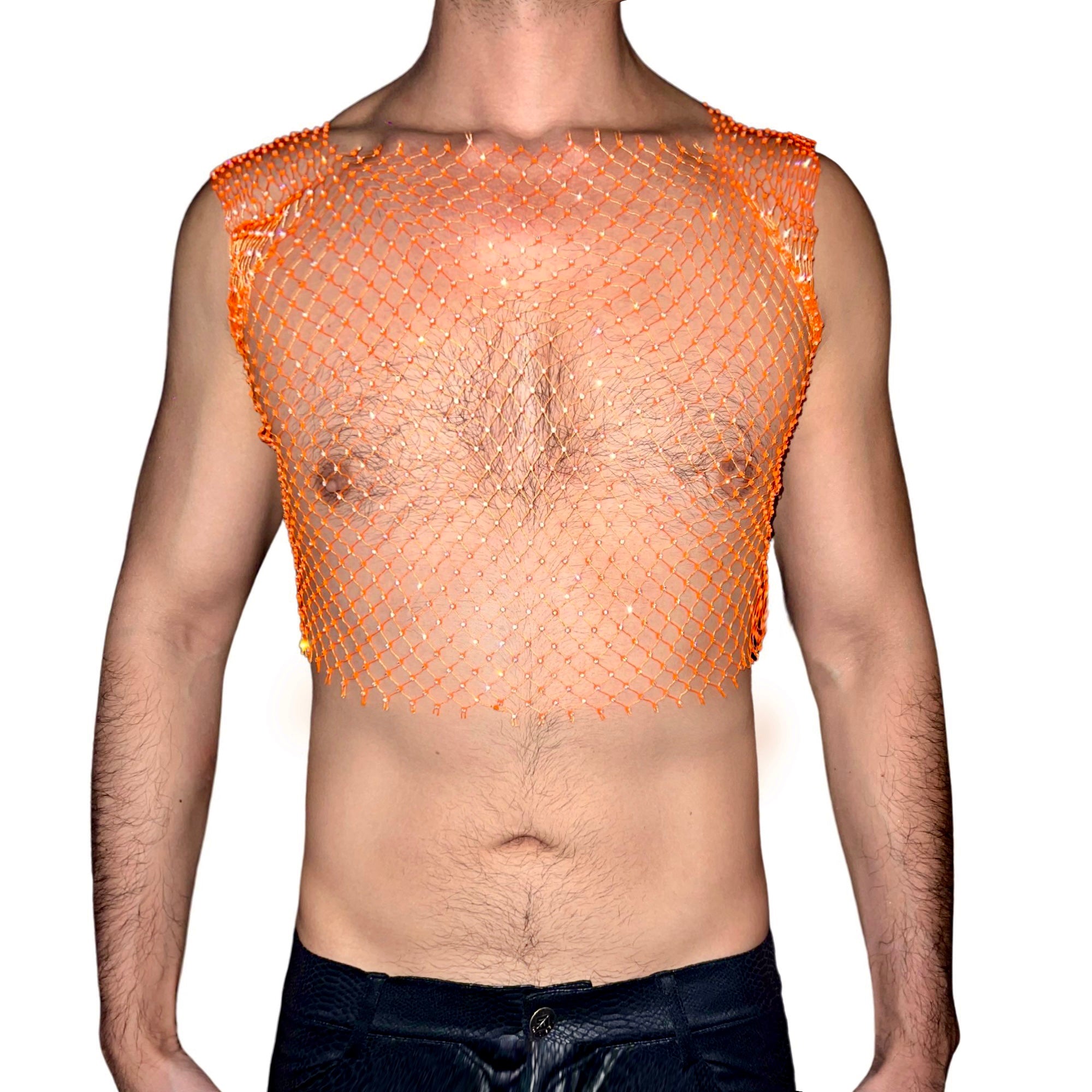 Rhinestone Neon Orange Mesh Crop Top Crew Neck Haus of Circuit