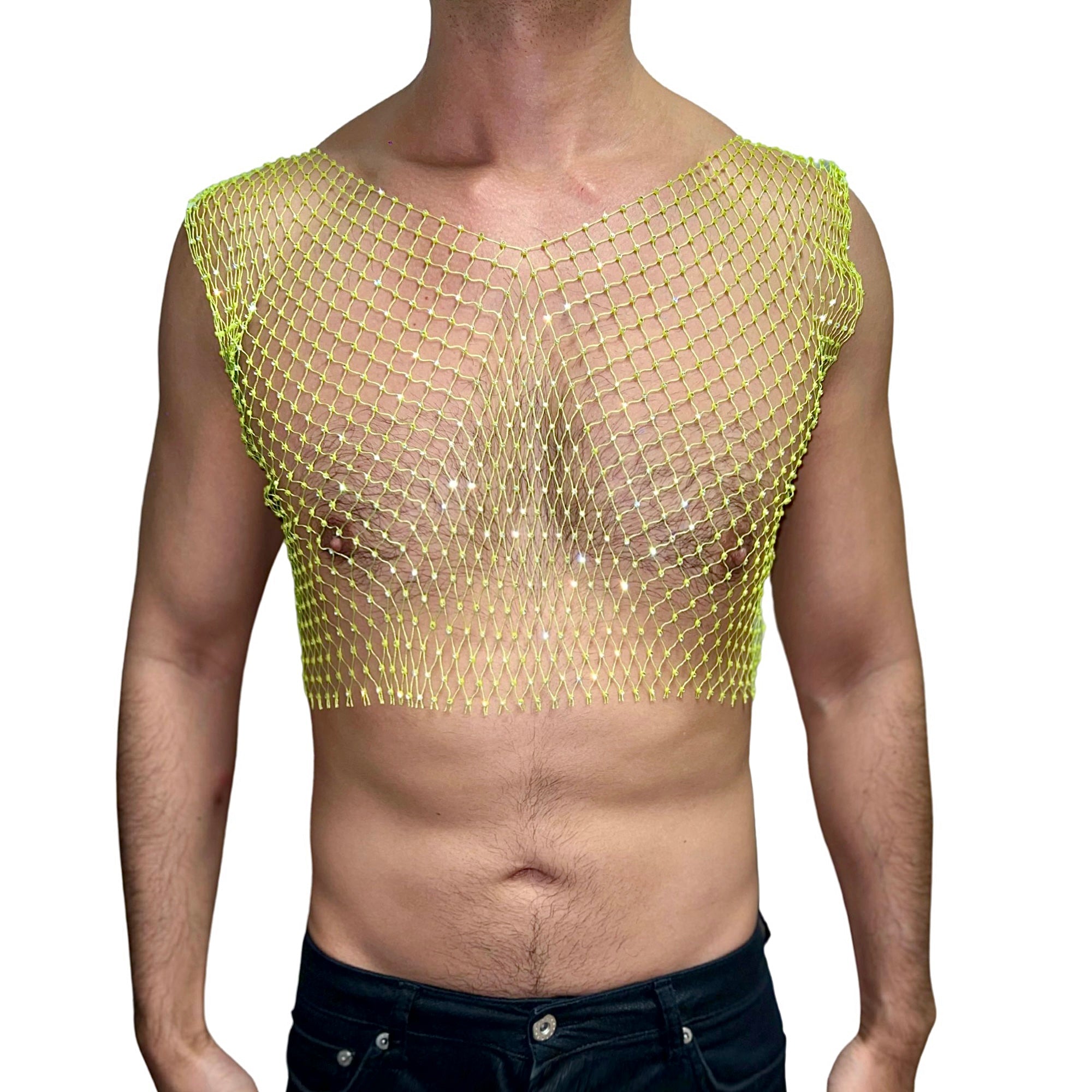 Rhinestone Neon Green Mesh Crop Top V Neck Haus of Circuit