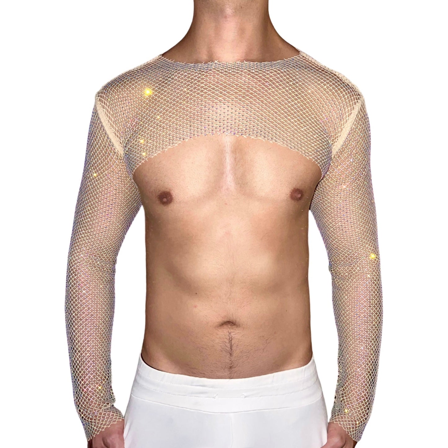 Champagne Premium Rhinestone Mesh Long Sleeves Crop Top [Crew Neck]