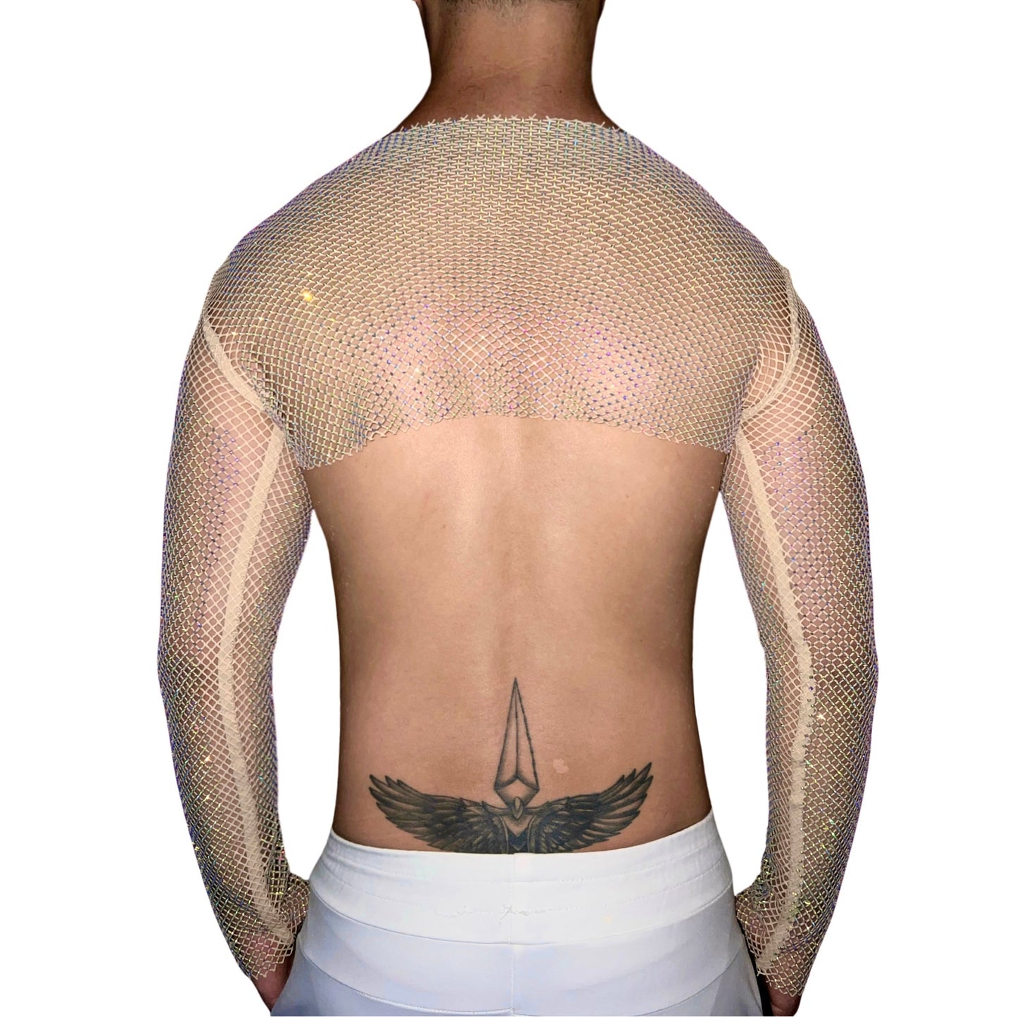 Champagne Premium Rhinestone Mesh Long Sleeves Crop Top [Crew Neck]