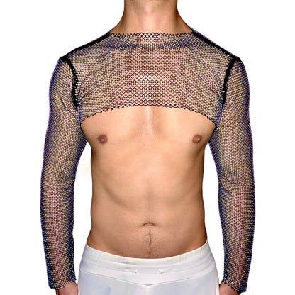 Champagne Premium Rhinestone Mesh Long Sleeves Crop Top [Crew Neck]