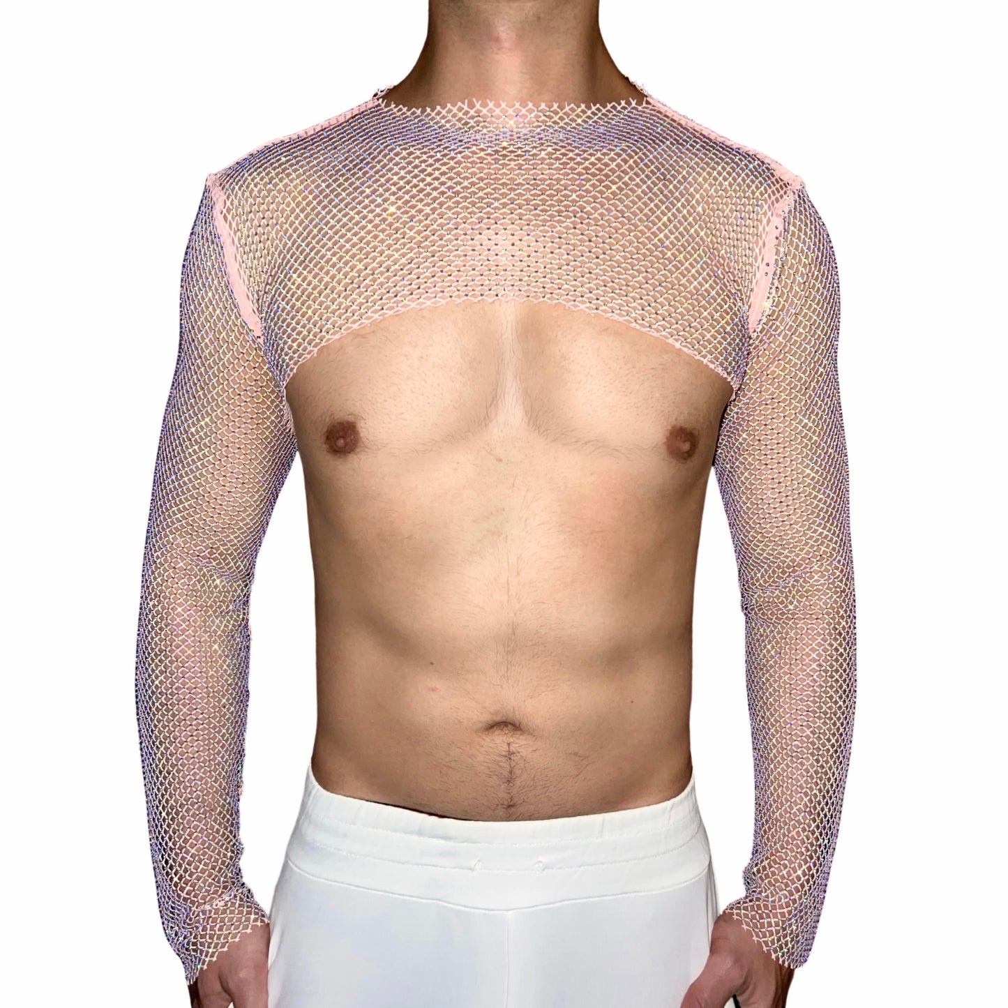 White Premium Rhinestone Mesh Long Sleeves Crop Top [Crew Neck]