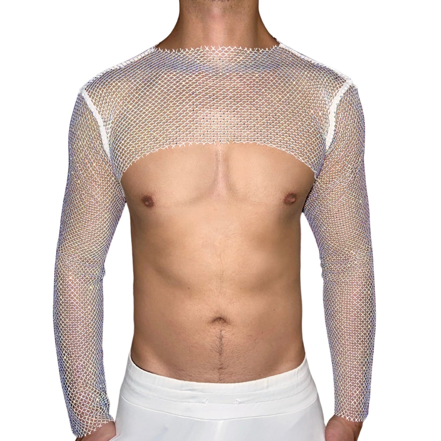 White Premium Rhinestone Mesh Long Sleeves Crop Top [Crew Neck]