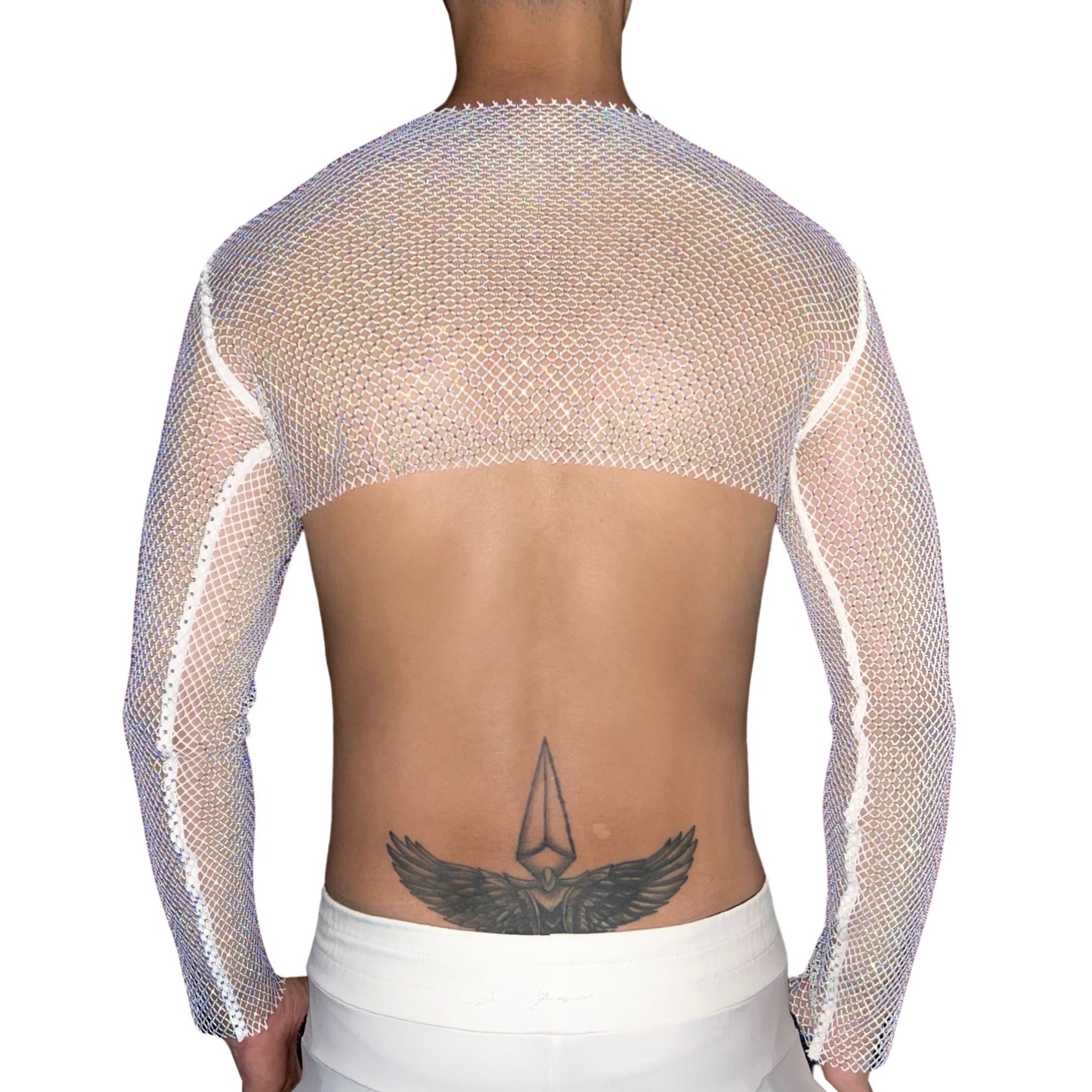 White Premium Rhinestone Mesh Long Sleeves Crop Top [Crew Neck]