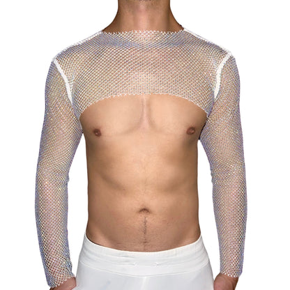 Champagne Premium Rhinestone Mesh Long Sleeves Crop Top [Crew Neck]