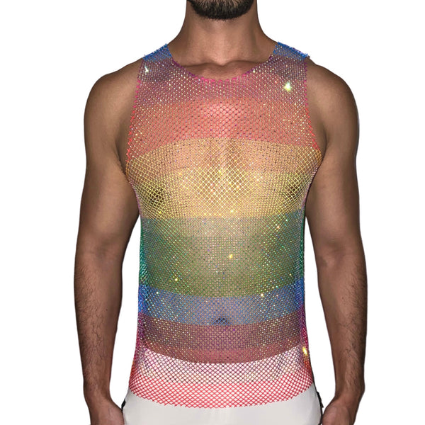 Rainbow Mesh Premium Rhinestone Raw Cut Tank Top [Crew Neck] – Haus of ...