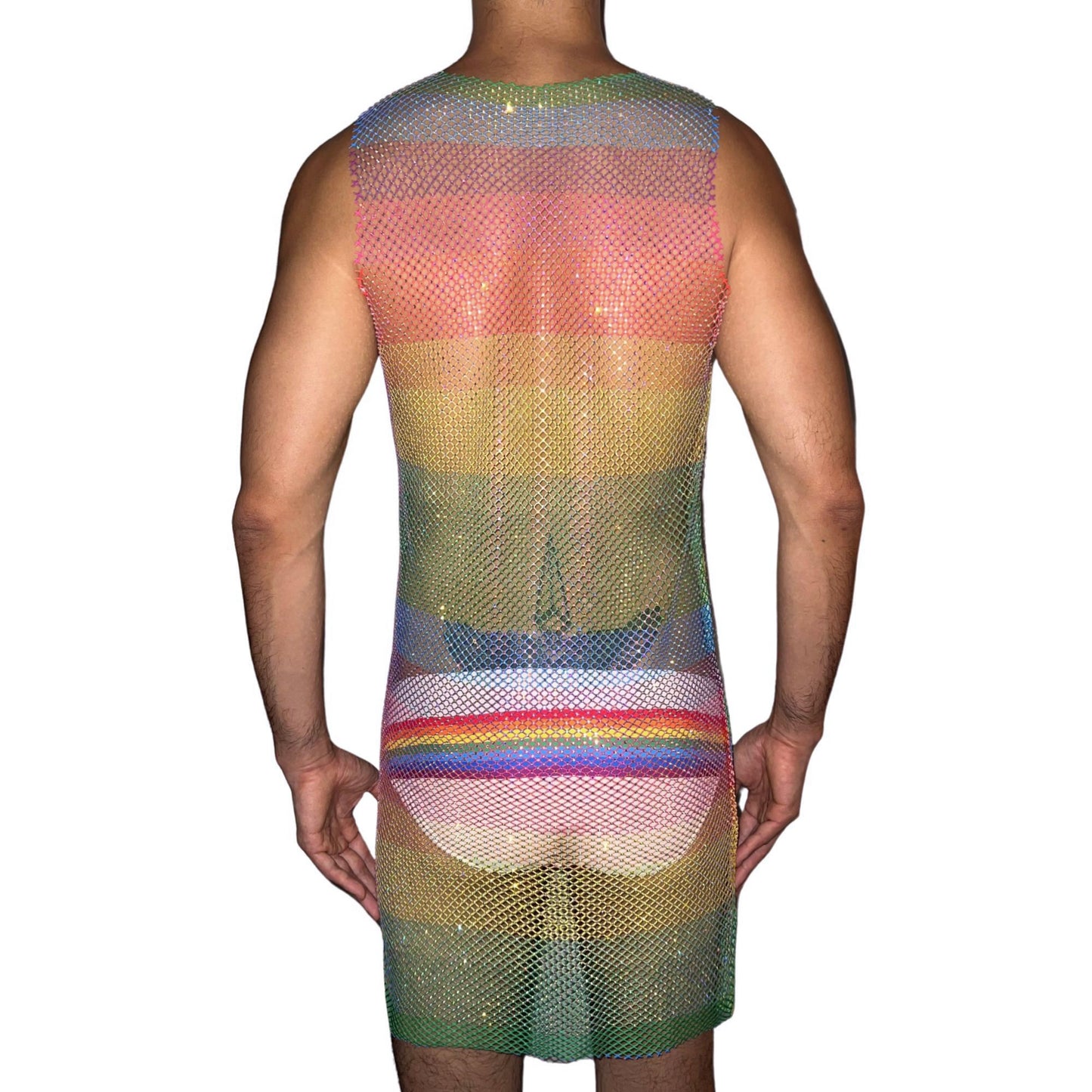 Rainbow Mesh Rhinestone Sleeveless Cocktail Dress [Horizontal Print]