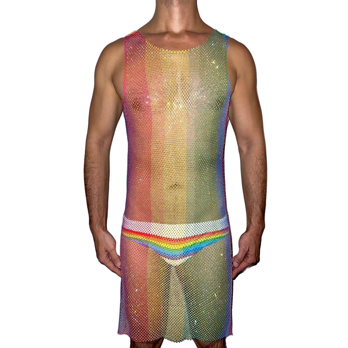 Rainbow Mesh Rhinestone Sleeveless Cocktail Dress [Vertical Print]