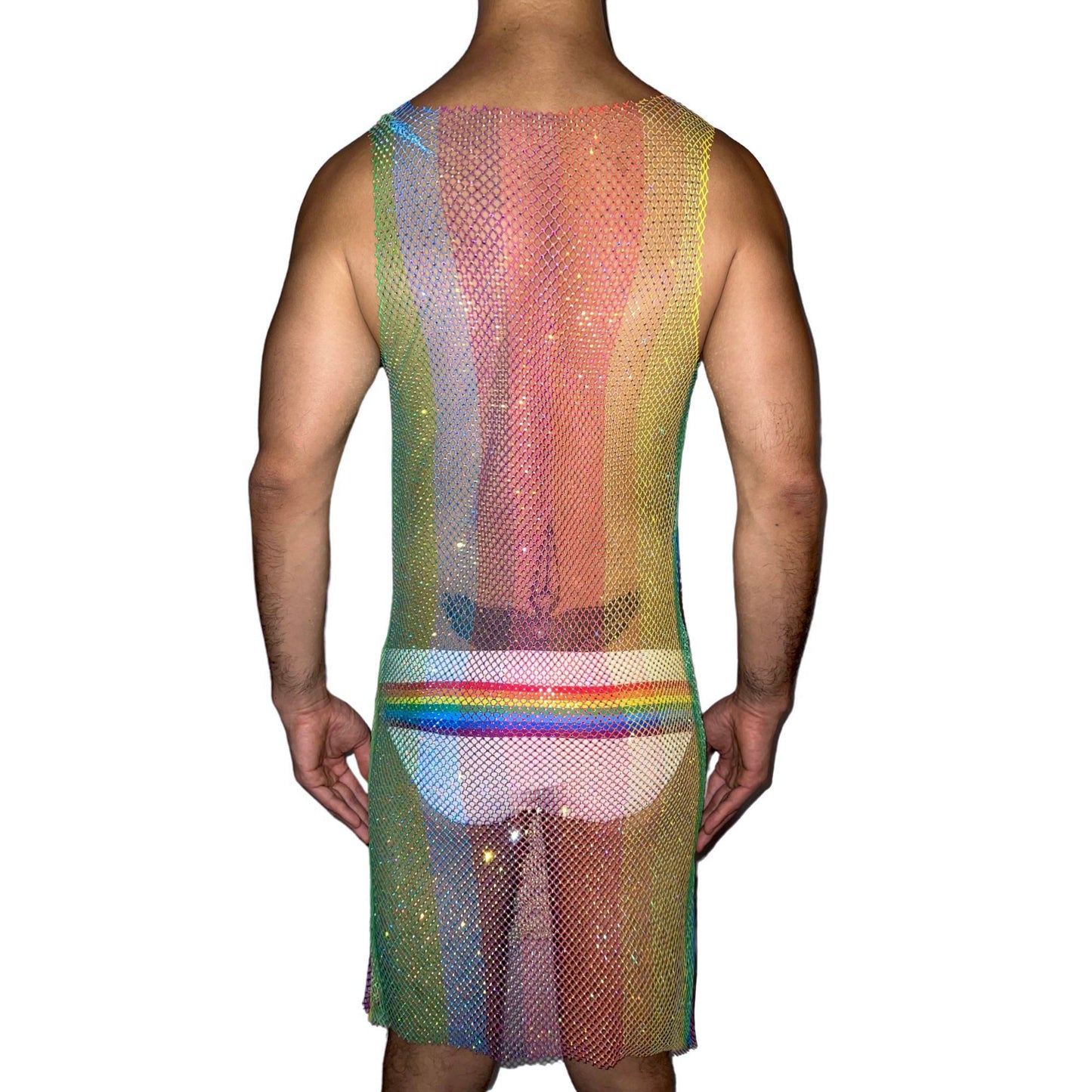 Rainbow Mesh Rhinestone Sleeveless Cocktail Dress [Vertical Print]