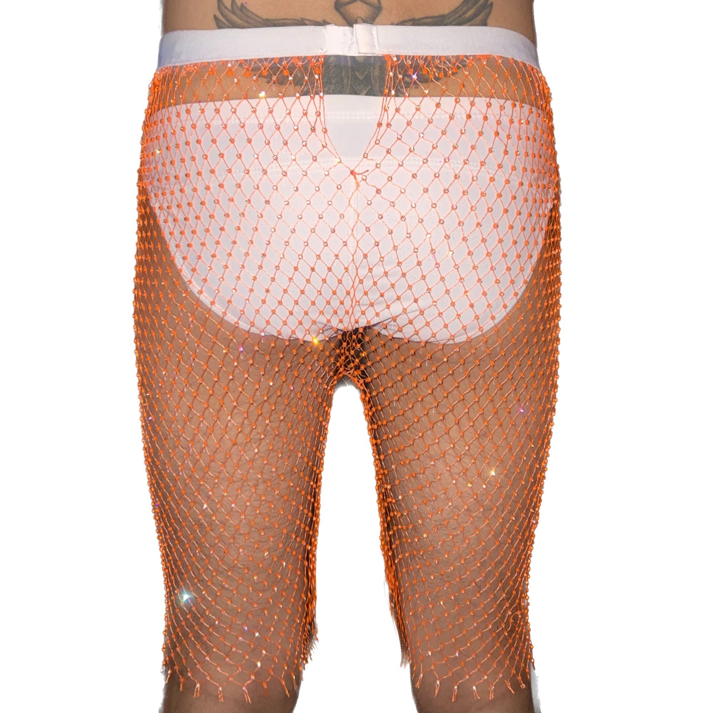 Neon Orange Rhinestone Mesh Shorts