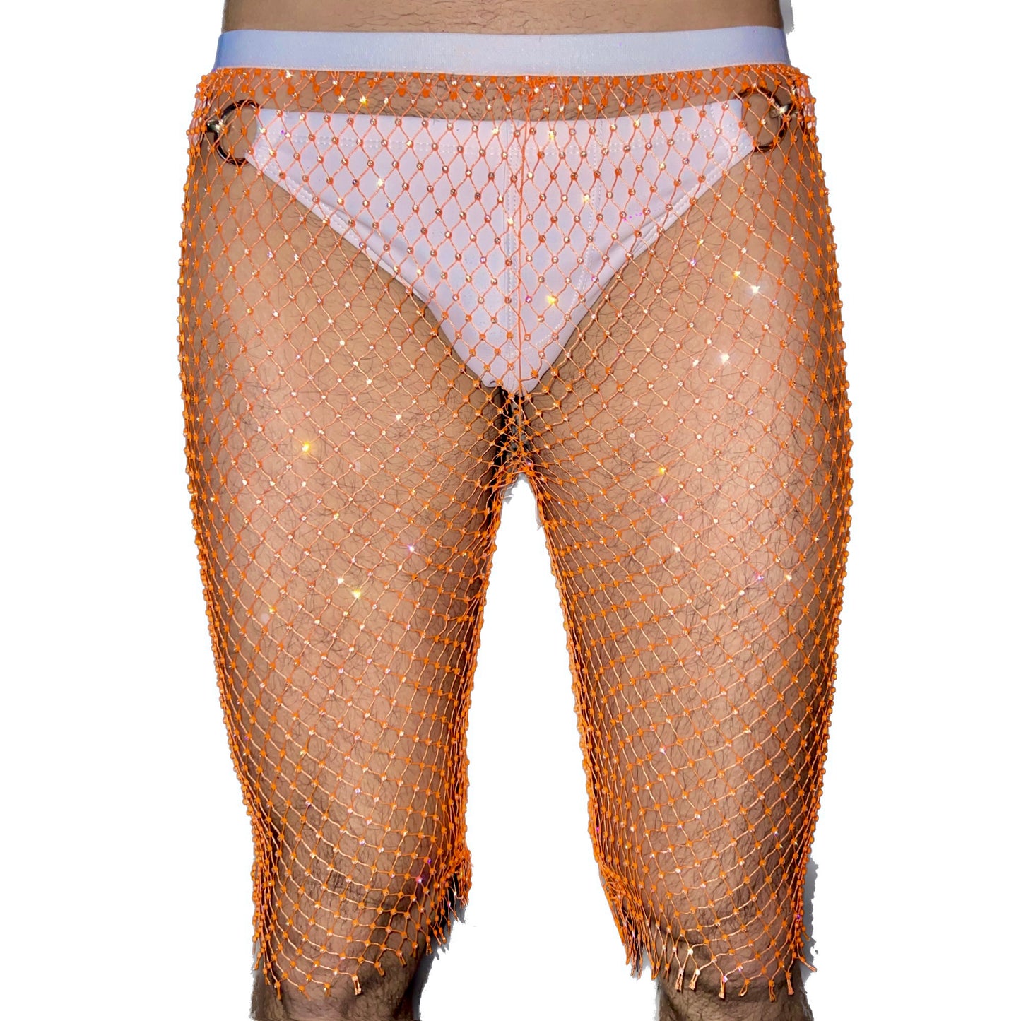 Neon Orange Rhinestone Mesh Shorts