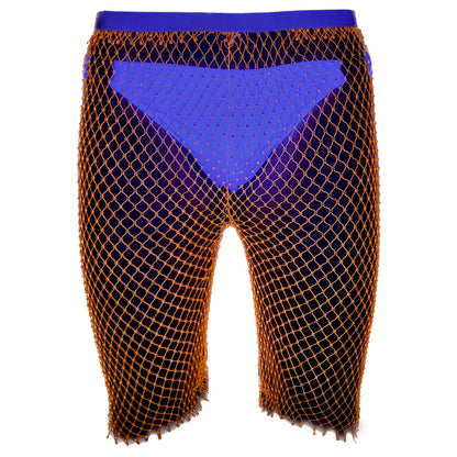 Neon Orange Rhinestone Mesh Shorts