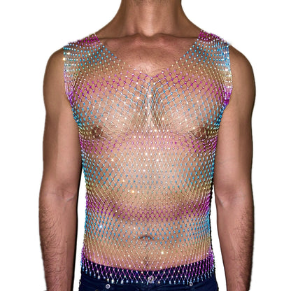 Rhinestone Rainbow Mesh Tank Top [V Neck]