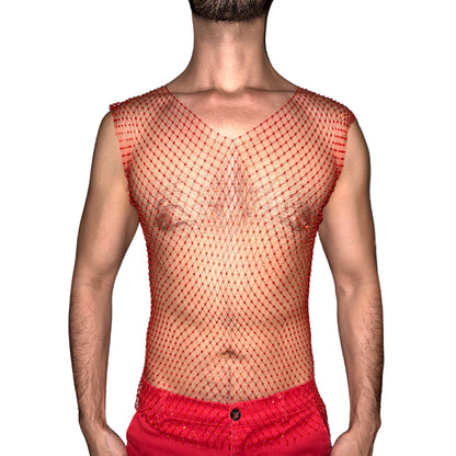 Red Rhinestone Mesh Tank Top [V Neck]