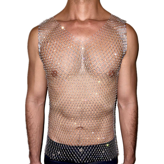 Rhinestone Silver Mesh Tank Top [V Neck]