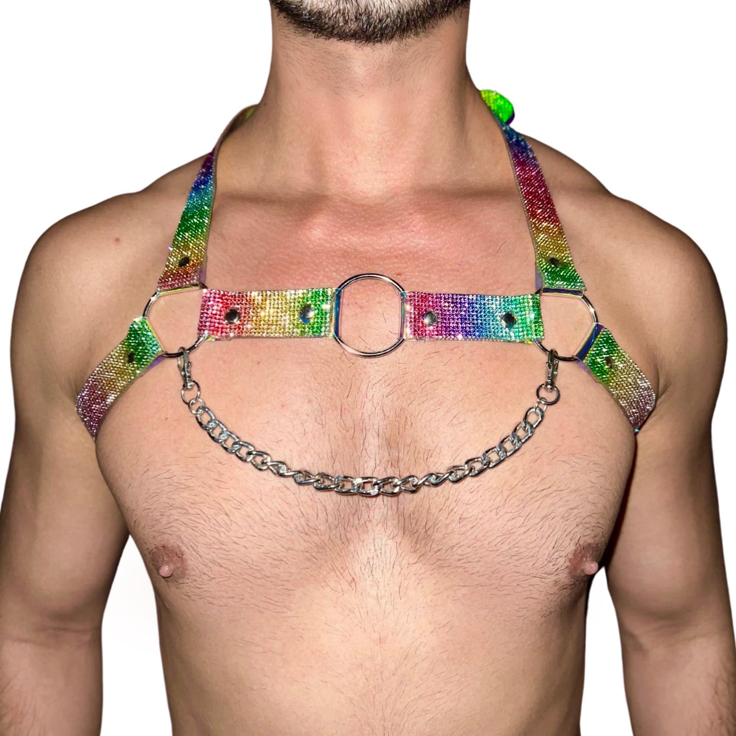 Holographic Rainbow Rhinestone Harness with Metal Chain