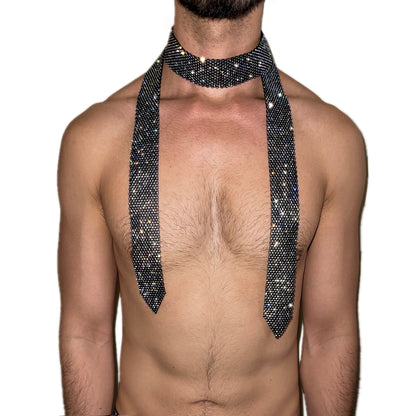 Premium Rhinestone Black Mesh Neck Tie