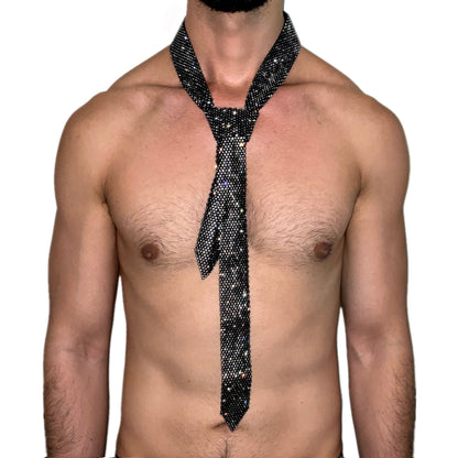 Premium Rhinestone Black Mesh Neck Tie