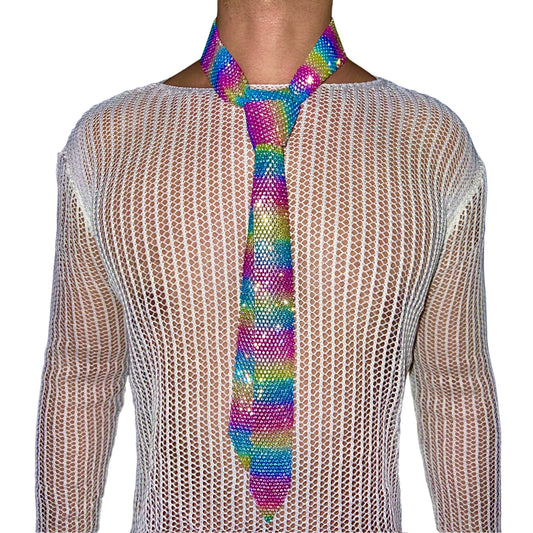 Premium Rhinestone Rainbow Mesh Neck Tie