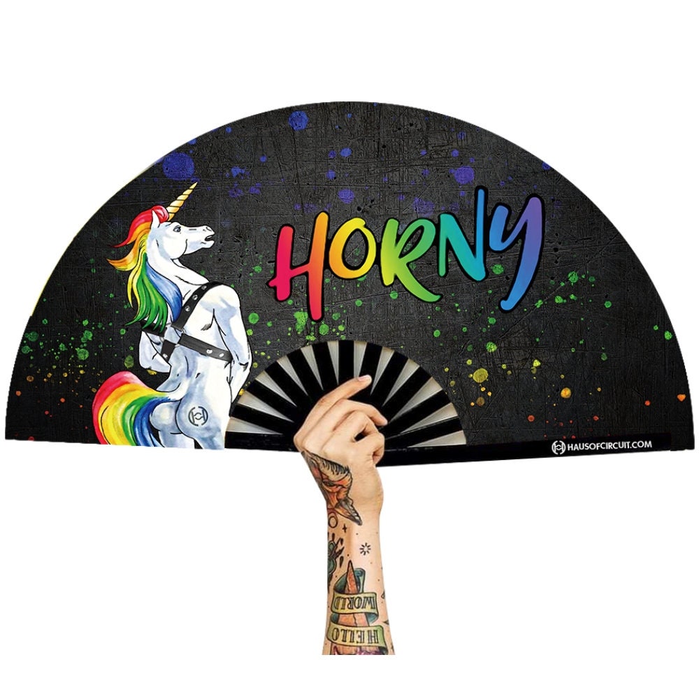Horny Unicorn Wearing Harness Clack Fan (UV Reactive)