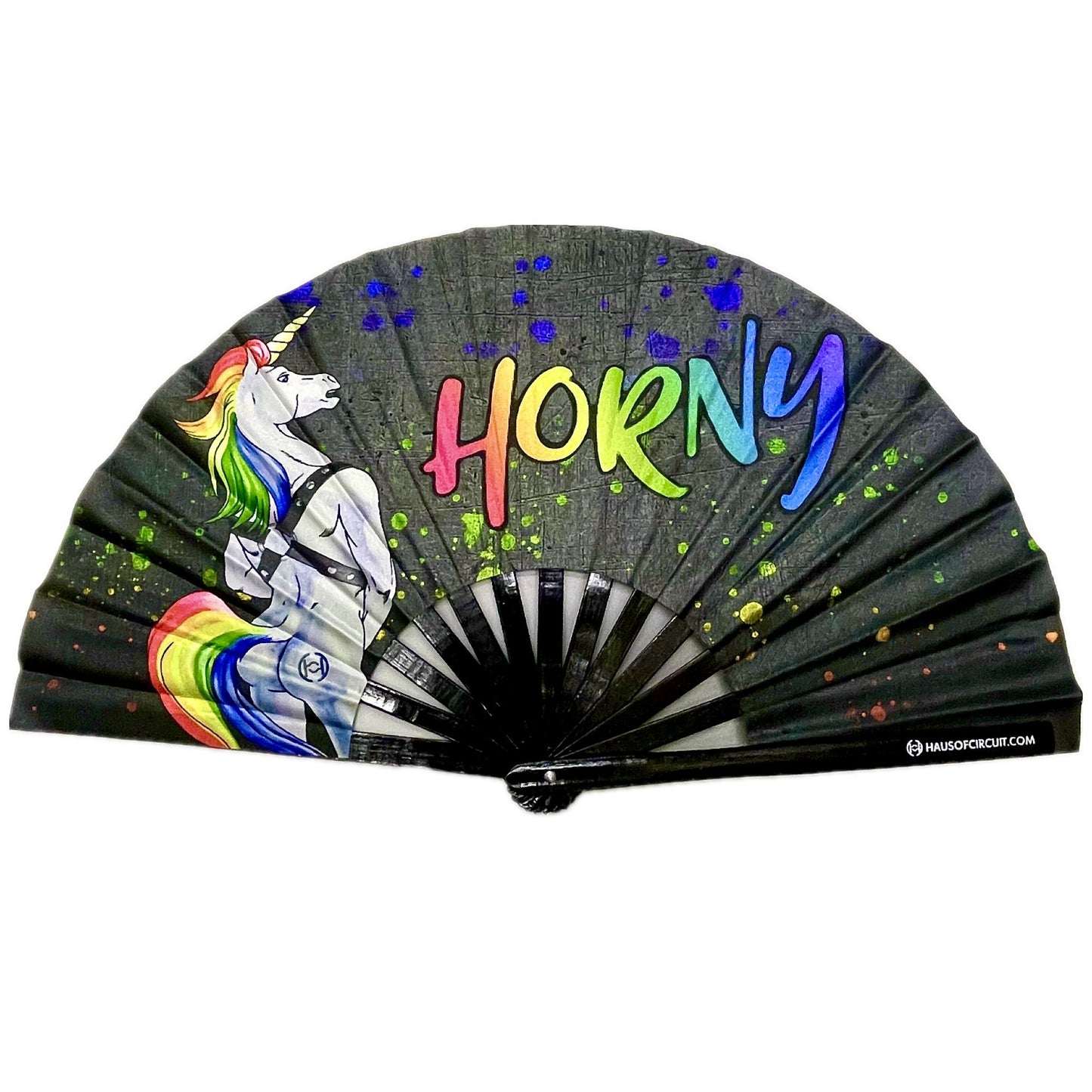 Horny Unicorn Wearing Harness Clack Fan (UV Reactive)