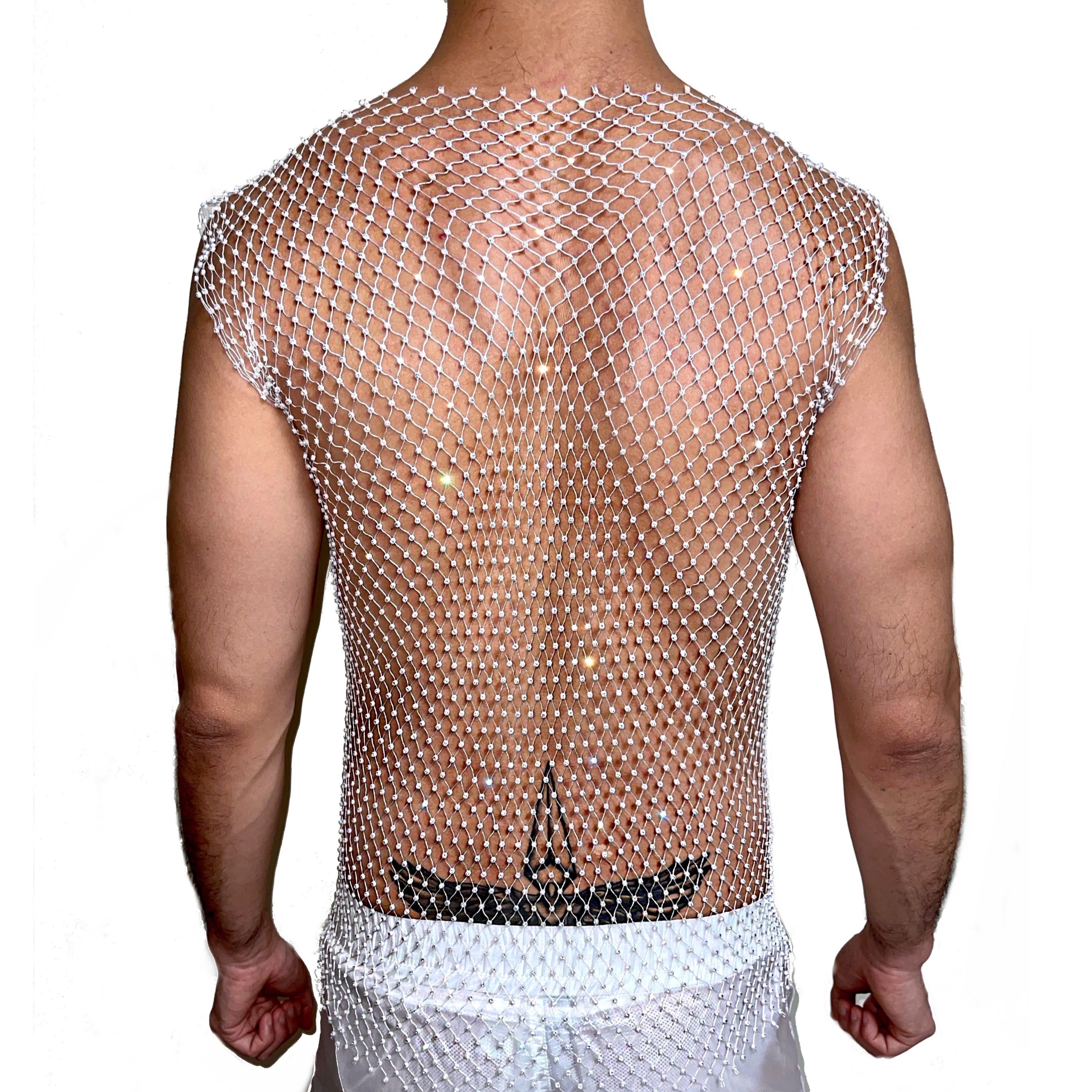 Rhinestone White Mesh Tank Top [Crew Neck] – Haus of Circuit